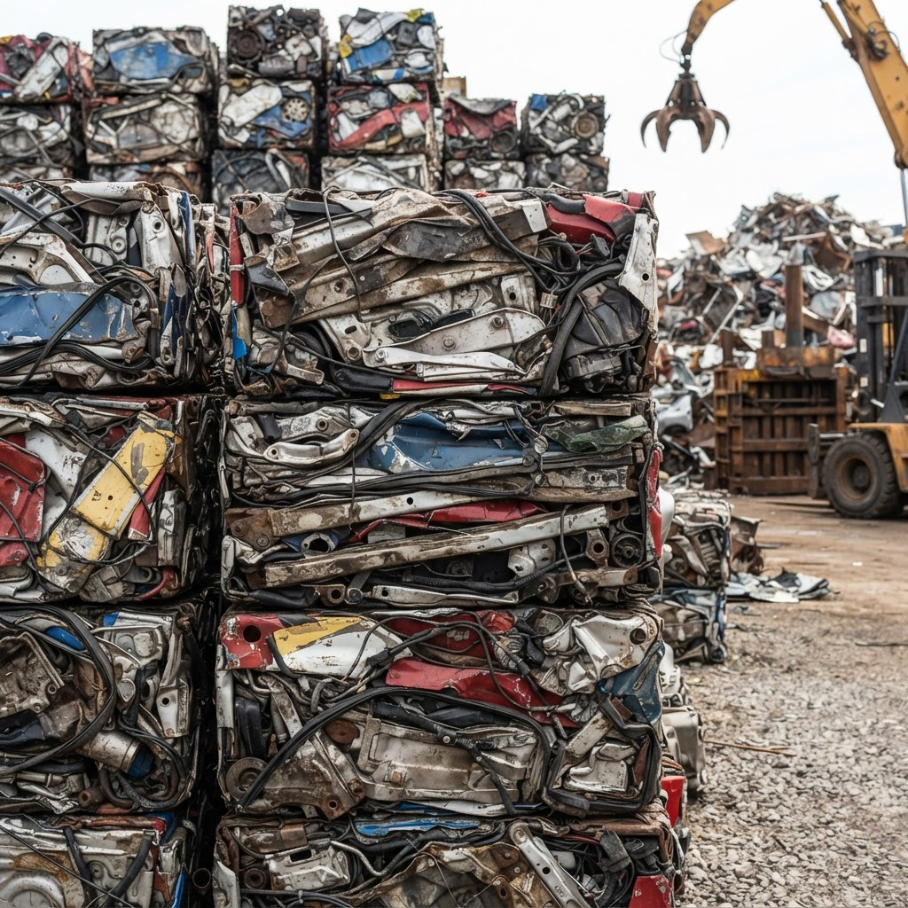 Stacked crushed car cubes at Willawong Auto Parts scrap yard