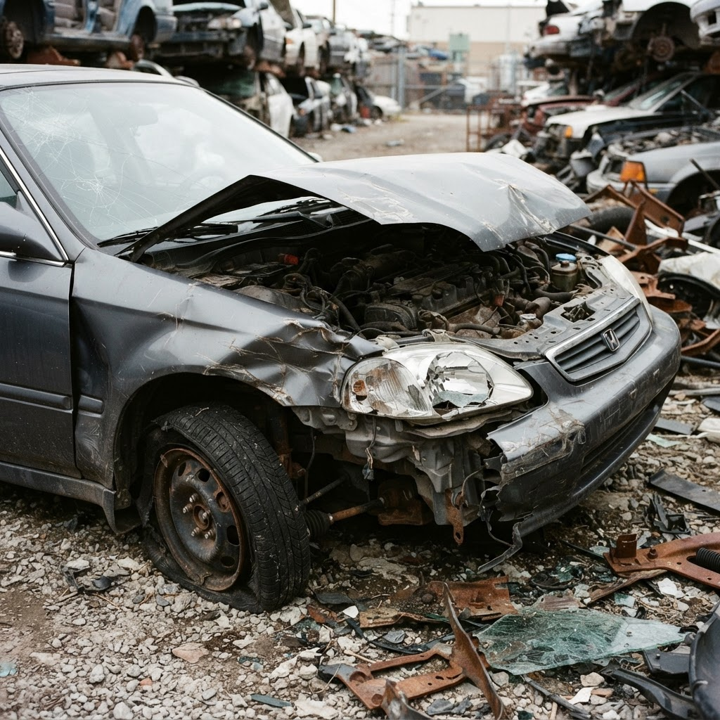Wrecked crash-damaged car in a scrap yard