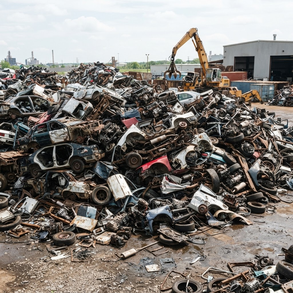Pile of junk scrap car parts in a recycling yard