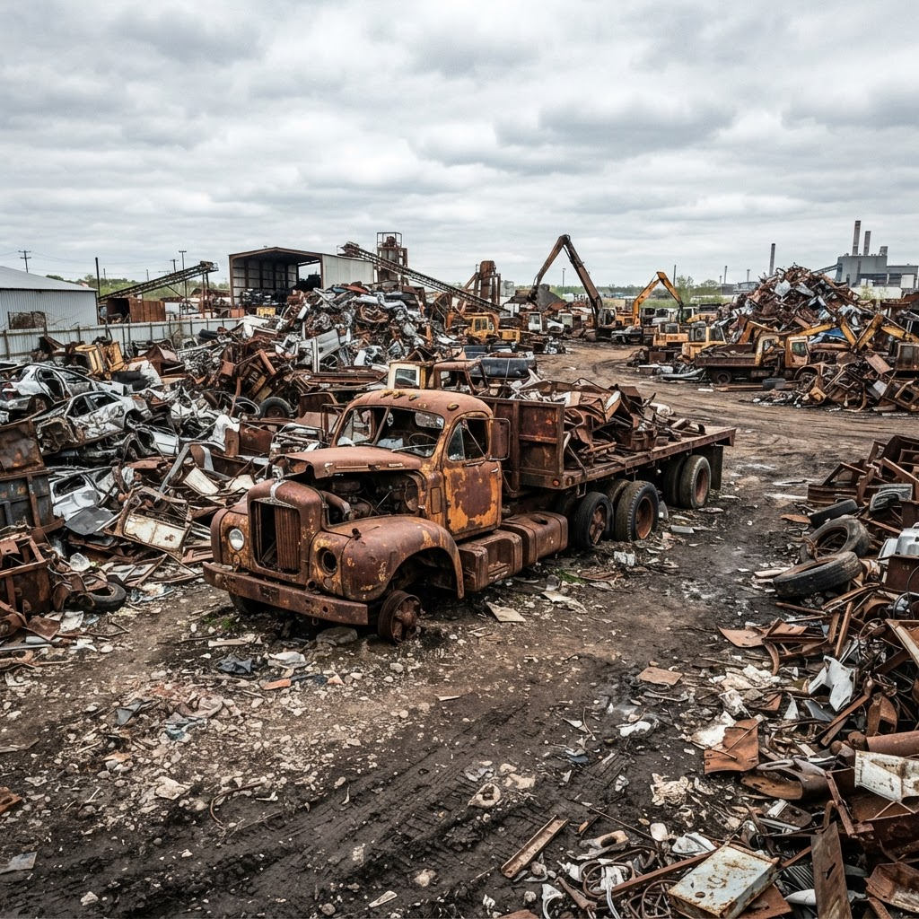 Old rusty truck parked in a scrap yard